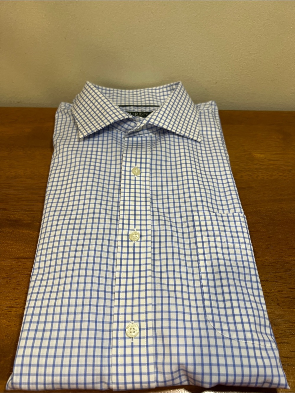 Ralph Lauren White and Blue gingham check pattern Dress Shirt Size 171/2- 34/35